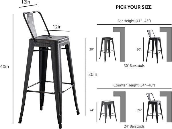 English Elm 30" Sanded Matte Black Metal Barstool Set of 4 — Industrial Rustic Bucket Back, Weatherproof, 30" H B347P349401