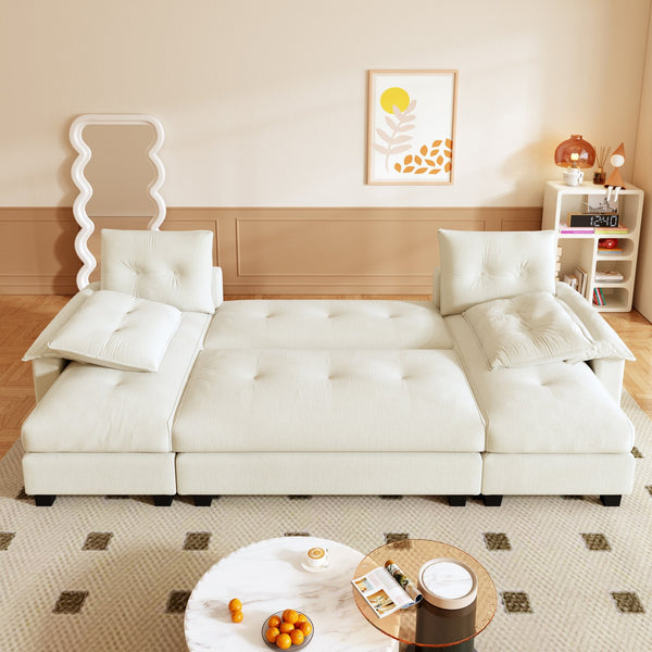 English Elm 104.7" U-Shaped Sleeper Sofa with Pull-Out Bed, Convertible Modular Sectional with Chaise, USB Ports, Chenille Upholstery Beige+White W1885S00211