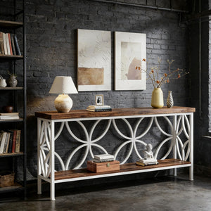 English Elm Coffee Console Table Industrial Metal Frame Vintage Wood Grain 2 Tier Entryway Sofa Rustic,White T3971P446786