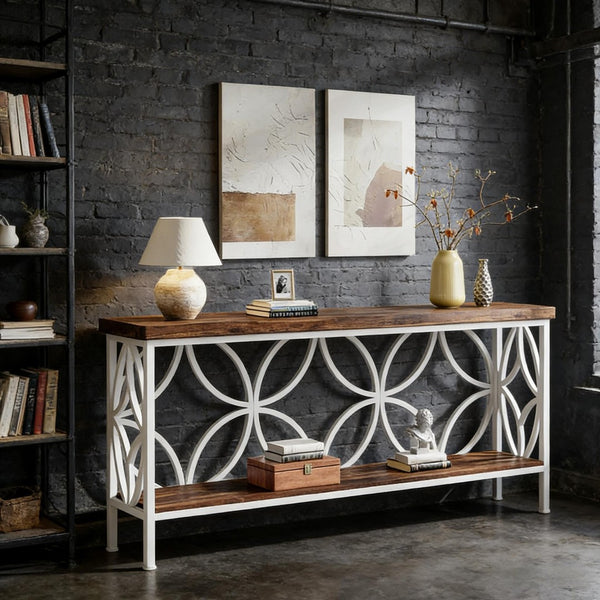 English Elm Coffee Console Table Industrial Metal Frame Vintage Wood Grain 2 Tier Entryway Sofa Rustic,White T3971P446786