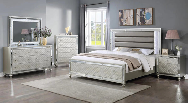 English Elm 1pc Glam 5-Drawer Bedroom Chest with Mirrored Accents Crosshatch Drawer Fronts Champagne Finish Silver 65.75 L x 21.75 W x 38.25 H B2741P367218