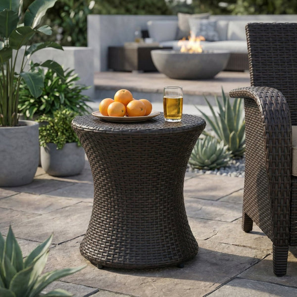 English Elm 19" Kono Hourglass Wicker Side Table Pe Rattan Sculptural Accent for Patio or Living Room Brown Multi N773P362078B