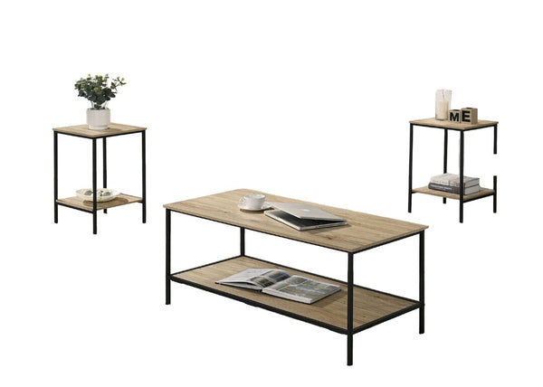 English Elm Rustic 3pc Table Set with Wrought Metal Abstract Side Panels Engineered Wood Tops Durable Charm Natural 47 L x 21 W x 5 H B2741P392069