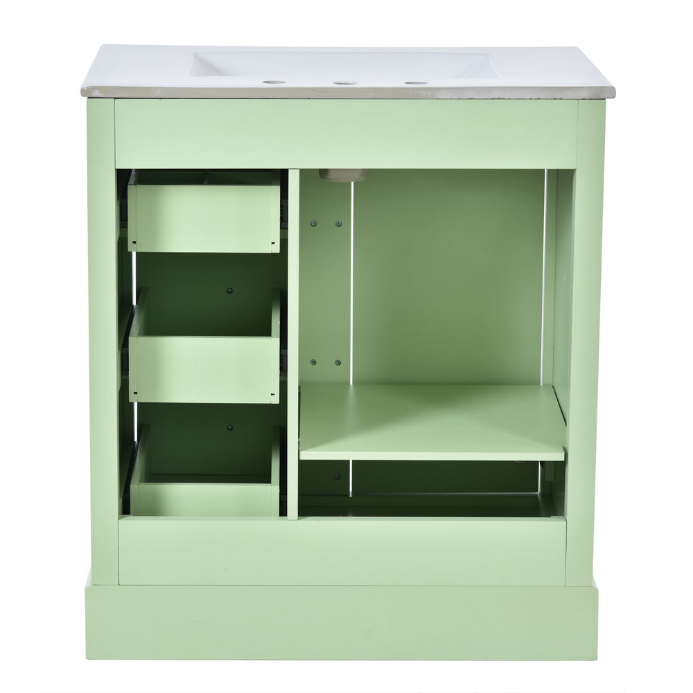 English Elm 30-Inch elegant bathroom vanity with ceramic basin, soft-close drawers, adjustable shelves, durable finish Green N729P176237L