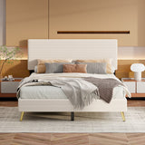 Queen Size Corduroy Upholstered Platform Bed, Stripe Headboard, No Box Spring, Beige