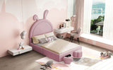 English Elm Full Size Upholstered Rabbit-Shape Bed With 2 Storage Stools, Velvet Platform Bed With Cartoon Ears Shaped Headboard, Pink