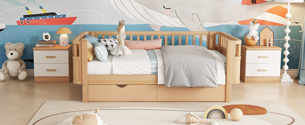 English Elm Twin Solid Wood Platform Bed with Guardrail for Kids, Low-Profile Sturdy Pine Frame, Safe Sleep Solution Natural 69.69 L x 18.5 W x 7.68 H W2593P331680