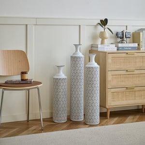 English Elm Floor Metal Vases Set of 3 White & Black Glazed Metal Cylinder Vases Tall Textured Gold Accent Decor W2796P278066