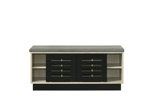 English Elm Brio Oak Entryway Shoe Cabinet with Sliding Doors and Upholstered Bench Seat B2749P413256
