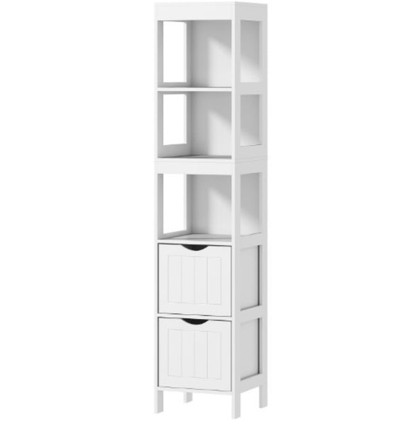 English Elm Bathroom Slim Floor Cabinet Tall White Beadboard Storage for Narrow Spaces T3971P430695