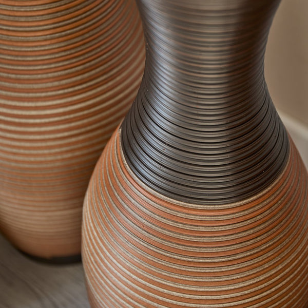 English Elm Set of 3 designer floor vases in Grey+Brown PVC, modern rattan-look tall decor for hallways & living rooms W2796P261496