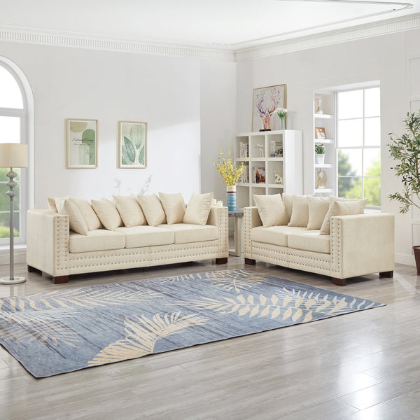 English Elm Modern Velvet Sofa Set 2+3 Seater With Square Armrests & Silver Nail Trim For Chic Living Spaces W1097S00189