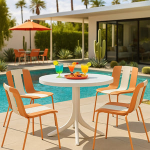 English Elm Summer 5 Piece Round Polypropylene Dining Set Uv Resistant Striped Indoor Outdoor Patio Beige,Tropical Orange,White W3450S00040