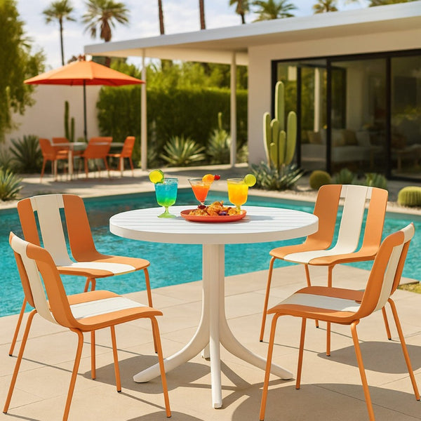 English Elm Summer 5 Piece Round Polypropylene Dining Set Uv Resistant Striped Indoor Outdoor Patio Beige,Tropical Orange,White W3450S00040