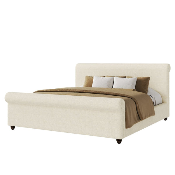 English Elm King Upholstered Bed Linen Fabric Rolled Headboard Rubberwood Legs Primary Bedroom Beige N757K384825I