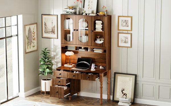 English Elm 47'' Retro Desk with Charging Ports, 5 Drawers & Glass-Door Hutch Cabinet for Home Office Walnut N733S357626D