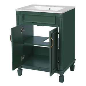 English Elm 24'' Bathroom Vanity with Sink - Solid Wood Frame, Glossy Ceramic Basin, Soft-Close Doors & Ample Storage Elegant Modern Design, Durable MDF Construction, Retro Metal Handles, Compact 24-inch Cabinet Green N710P317675F