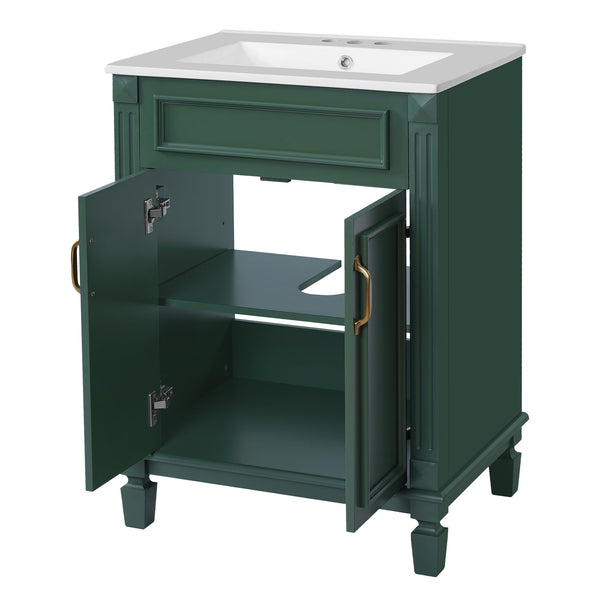 English Elm 24'' Bathroom Vanity with Sink - Solid Wood Frame, Glossy Ceramic Basin, Soft-Close Doors & Ample Storage Elegant Modern Design, Durable MDF Construction, Retro Metal Handles, Compact 24-inch Cabinet Green N710P317675F