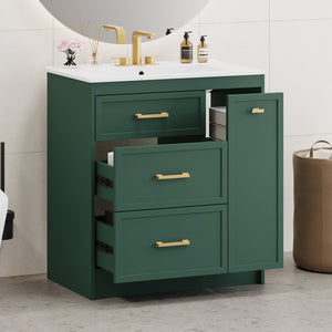 English Elm Classic 30" Forest Green Bathroom Vanity with Gold Handles, Double-Layer Drawer, Ceramic Sink Elegance N729P194978F