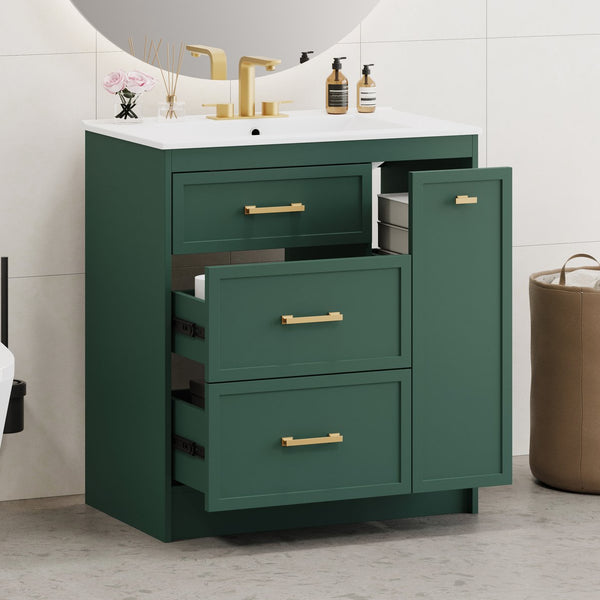 English Elm Classic 30" Forest Green Bathroom Vanity with Gold Handles, Double-Layer Drawer, Ceramic Sink Elegance N729P194978F