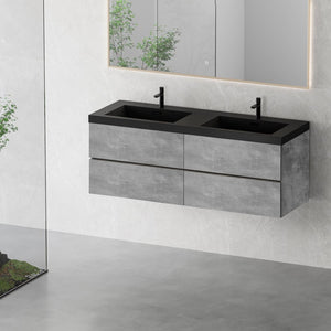 English Elm 60'' Floating Wall Mount Vanity Dual Quartz Basins Smoked Walnut Fluted Cabinet W1920P385533