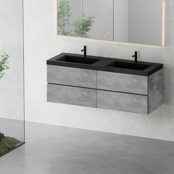 English Elm 60'' Floating Wall Mount Vanity Dual Quartz Basins Smoked Walnut Fluted Cabinet W1920P385533
