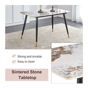 English Elm Table And Chair Set - Elegant 4-Seater Sintered Stone Dining Table With White Pu Chairs For Comfort W1151S04206-GIGA