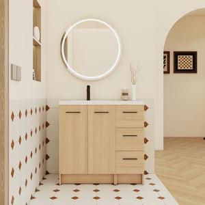 English Elm 36" Floating Bathroom Vanity Light Oak Modular Cabinet with Gel Coat Integrated Sink W3450S00098