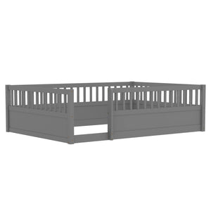 English Elm Full Montessori Floor Bed Frame with Fence for Kids — Pine Play & Reading Space, Sturdy Low Profile Gray W1580P307886