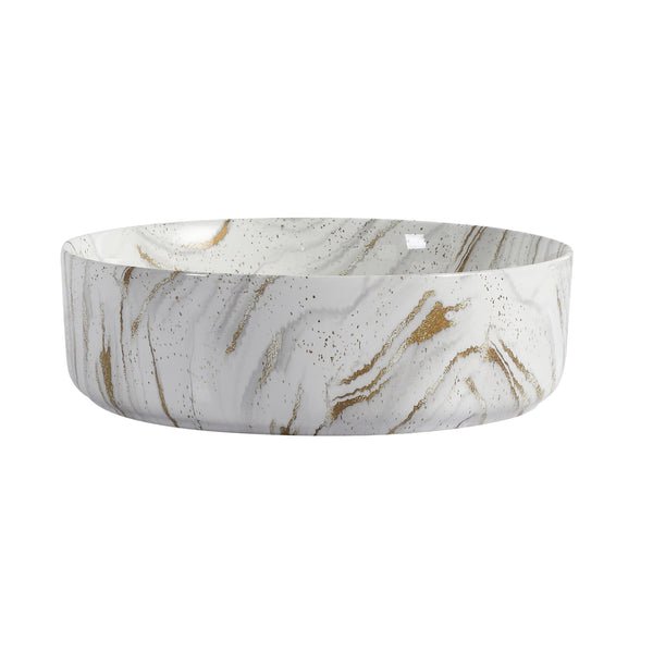 English Elm Ceramic Art Vessel Sink Above Counter – Elegant Gold Line Pattern, Durable Glaze, Easy-Clean Finish White+Gold W999P346769