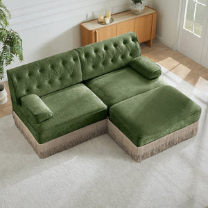 English Elm L-shaped Velvet Sectional Sofa Tufted Chesterfield Style with Tassel Skirt for Living Room Green W714S01704