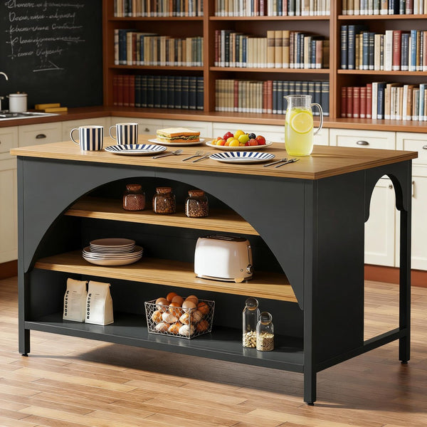 English Elm Farmhouse Kitchen Island with Open Shelves Wood Grain Top Counter Height Prep Table T3971P458845