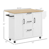 English Elm Homcom Kitchen Island With Drop Leaf, Rolling Kitchen Cart On Wheels With 3 Drawers, 2 Cabinets, Natural Wood Top, Spice Rack and Towel Rack, White