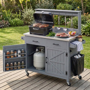 English Elm K&k Solid Fir Grill Cart Stainless Steel Top Outdoor Kitchen Station with Locking Wheels Grey+Blue N707P409087G