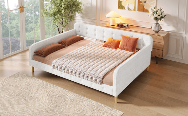 English Elm Queen Upholstered Daybed with Tufted High Sideboard, Linen Finish, Solid Wood Frame, 800lb Capacity Beige N7500001850K