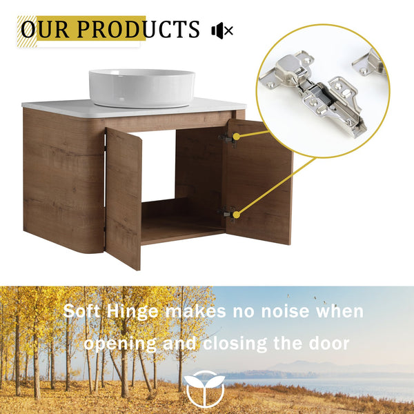 English Elm 30'' Wall-Mounted Bathroom Vanity With Ceramic Vessel Sink & Soft-Close Doors For Modern Spaces W999S00387
