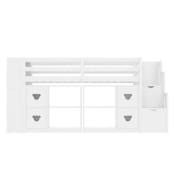 English Elm Twin Kids Low Loft Bed with Stair Drawers Built-in Led Shelving and Bear Handles W697S00039
