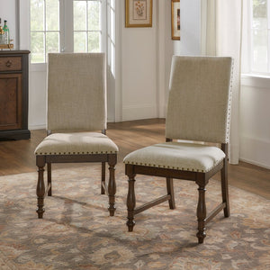 English Elm Traditional Stonington Side Chairs Set of 2 Beige Upholstered Nailhead Trim Oak Veneer Wood Dining Seats Elegantly Crafted 42" Brown Mix 42.75 L x 21.75 W x 15.5 H B011P188432