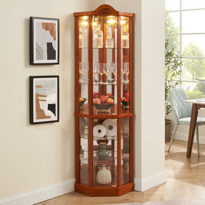 English Elm Lighted Corner Curio Cabinet With Adjustable Glass Shelves And Elegant Oak Finish For Home Or Office W1758P300135