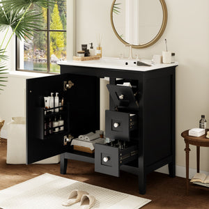English Elm 30 Inch Bathroom Vanity with Ceramic Sink and 3 Smooth-Glide Drawers, Modern Moisture-Resistant Storage Black N710P252105B