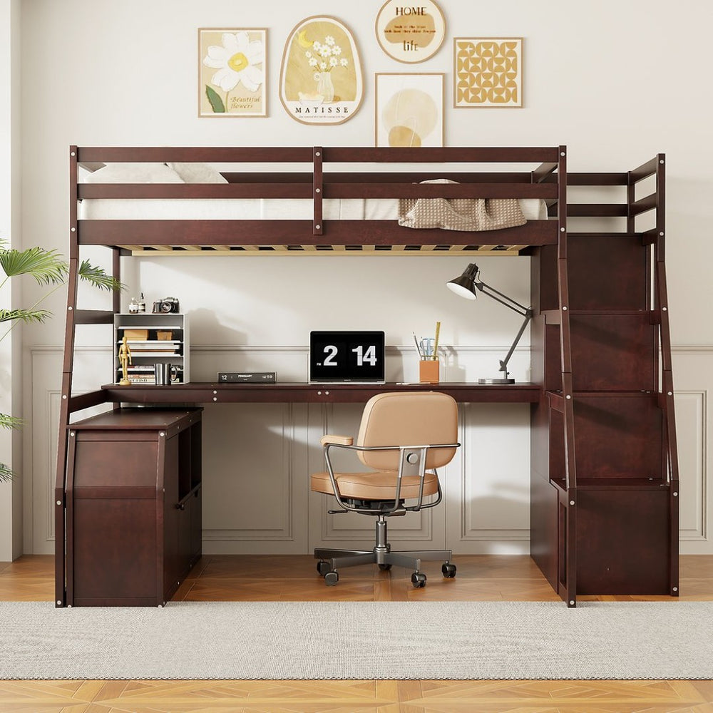 English Elm Full Size Kids Loft Bed with Integrated Desk Seven Drawers and Open Shelving Espresso LT000649AAP