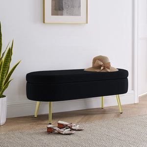 English Elm Ottoman Oval Flannel Storage Bench with Matte Metal Legs for Bedroom or Living Room Black W487P438627