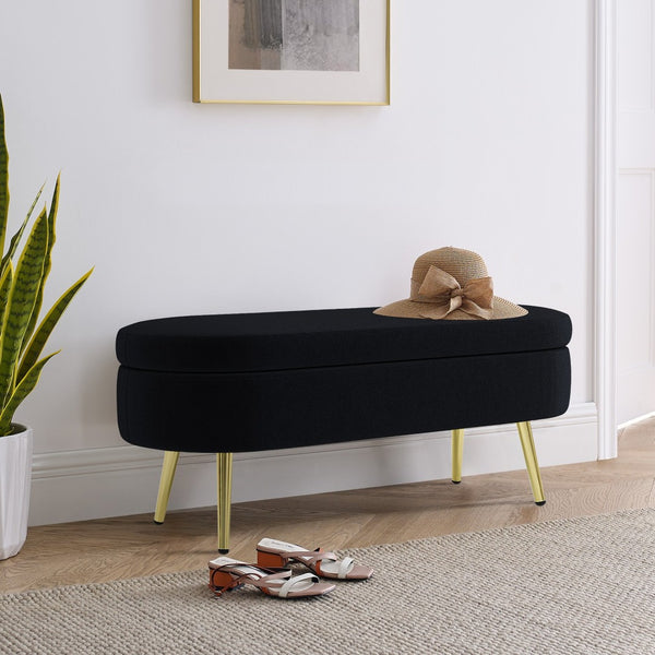 English Elm Ottoman Oval Flannel Storage Bench with Matte Metal Legs for Bedroom or Living Room Black W487P438627