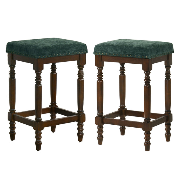 English Elm Set of 2 Rustic Counter Stools with Cushioned Faux Leather Seats, Solid Wood Build, Space-Saving 25" Walnut W2537P298995