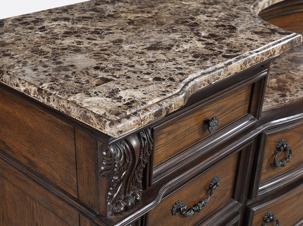 English Elm 1pc Marble Top Five Drawers Tall Chest with Intricate Moldings, Curved Silhouette & Antiqued Hardware Brown,Coffee 48 L x 23.5 W x 58.25 H B2741P366085