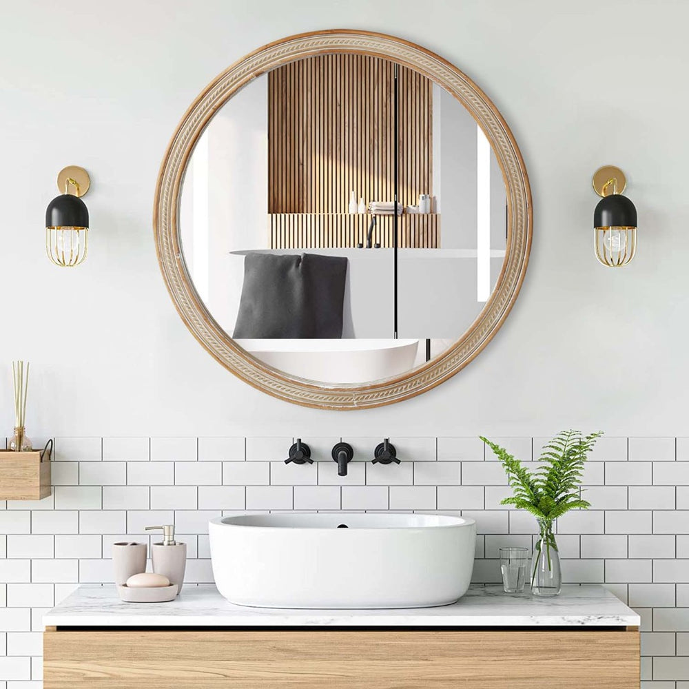 English Elm Round Rattan Textured Wall Mirror Natural Woven Frame Bohemian Accent for Any Room W2295P414108