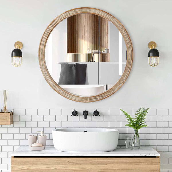 English Elm Round Rattan Textured Wall Mirror Natural Woven Frame Bohemian Accent for Any Room W2295P414108