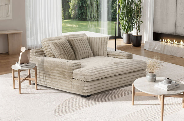 English Elm Man Wah Presley Corduroy Chaise Armchair with Dual Cup Holders, Reversible Cushion, Soft Fog Fabric Tan B2707P311003
