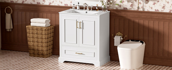 English Elm 30" Modern Bathroom Vanity with Ceramic Sink, Soft-Close Doors, Divided Drawer & Dual Door Shelves White N729P321376K
