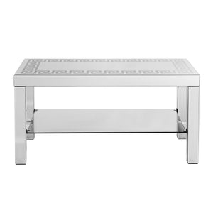 English Elm W 40" X D 20" X H 20" Curved Border Carved Mirror Coffee Table with Crushed Diamonds & Crystal Legs_WIDGET W1005P190425